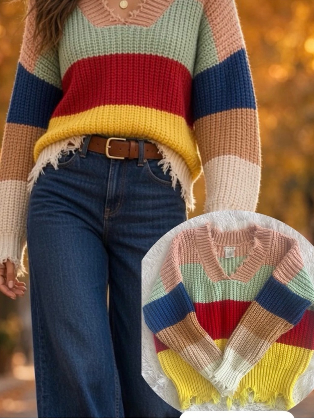 Main Strip Color-Block Distressed Knit Sweater – Size M